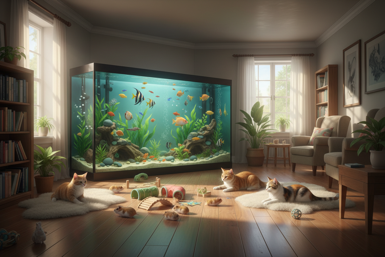 generate a room with hamsters and cats playing aand fish tank 